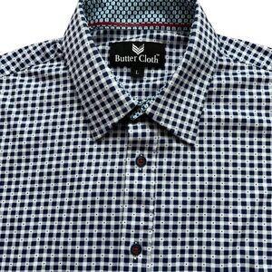 Buttercloth Shirt Mens Size L Long Sleeve Button Stretch Geometric Check Blue